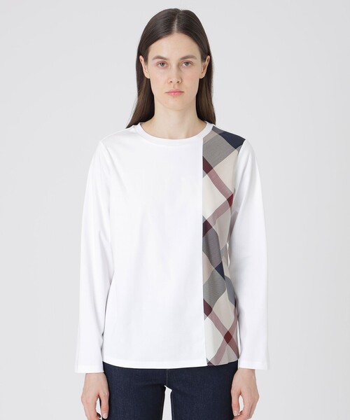 BLUE LABEL CRESTBRIDGE(ブルーレーベルクレストブリッジ)の「シルケットスムースパーシャルチェックロングスリーブTシャツ(Tシャツ/カットソー・レディース・オフホワイト/ブラック/パープル・40/38)」の1枚目の写真