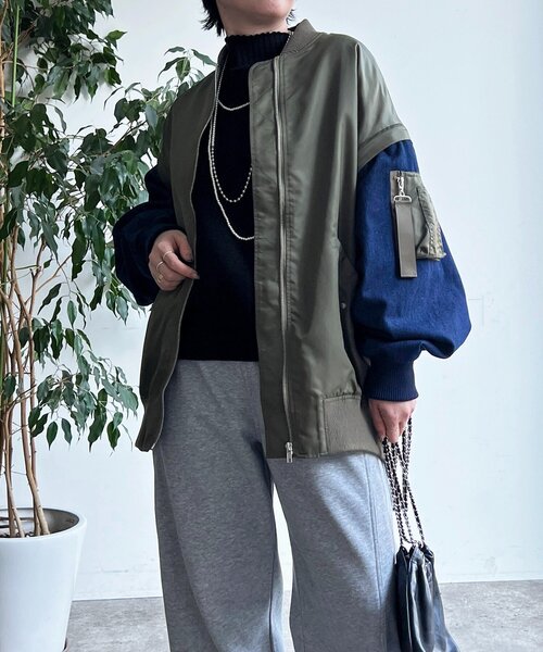 un dix cors（アンディコール）の「デニムスリーブMA1ジャケット（ブルゾン・レディース・カーキ/オリーブ/チャコールグレー・FREE）」の2枚目の写真