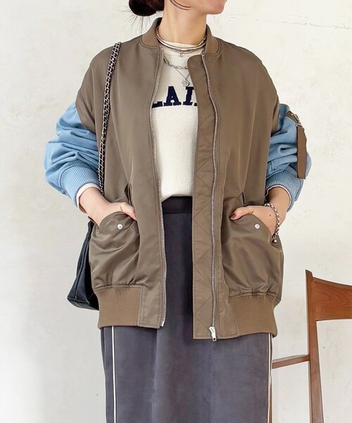 un dix cors（アンディコール）の「デニムスリーブMA1ジャケット（ブルゾン・レディース・カーキ/オリーブ/チャコールグレー・FREE）」の3枚目の写真