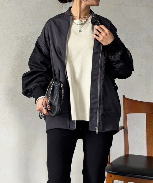 un dix cors（アンディコール）の「デニムスリーブMA1ジャケット（ブルゾン・レディース・カーキ/オリーブ/チャコールグレー・FREE）」の19枚目の写真