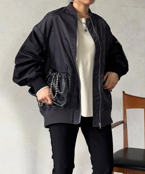 un dix cors（アンディコール）の「デニムスリーブMA1ジャケット（ブルゾン・レディース・カーキ/オリーブ/チャコールグレー・FREE）」の22枚目の写真