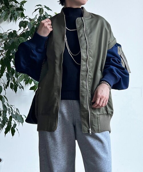 un dix cors（アンディコール）の「デニムスリーブMA1ジャケット（ブルゾン・レディース・カーキ/オリーブ/チャコールグレー・FREE）」の8枚目の写真