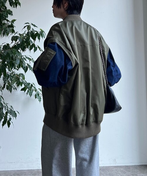 un dix cors（アンディコール）の「デニムスリーブMA1ジャケット（ブルゾン・レディース・カーキ/オリーブ/チャコールグレー・FREE）」の9枚目の写真