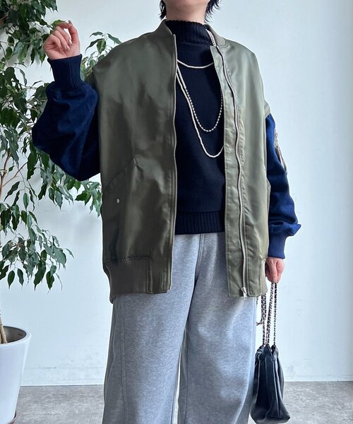 un dix cors（アンディコール）の「デニムスリーブMA1ジャケット（ブルゾン・レディース・カーキ/オリーブ/チャコールグレー・FREE）」の13枚目の写真