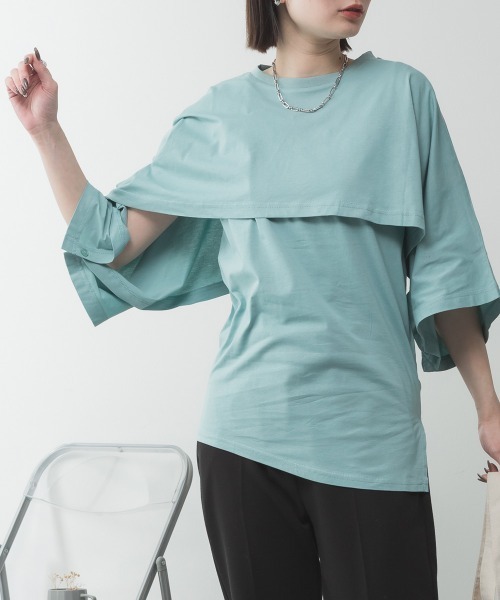 aity(アイティ)の「M-5L ナチュラルケープ&インナー セットアップTシャツ 夏服(Tシャツ/カットソー・レディース・ホワイト/ミント/ベージュ/ブラック/杢グレー・4L~5L/LL~3L/M~L)」の1枚目の写真