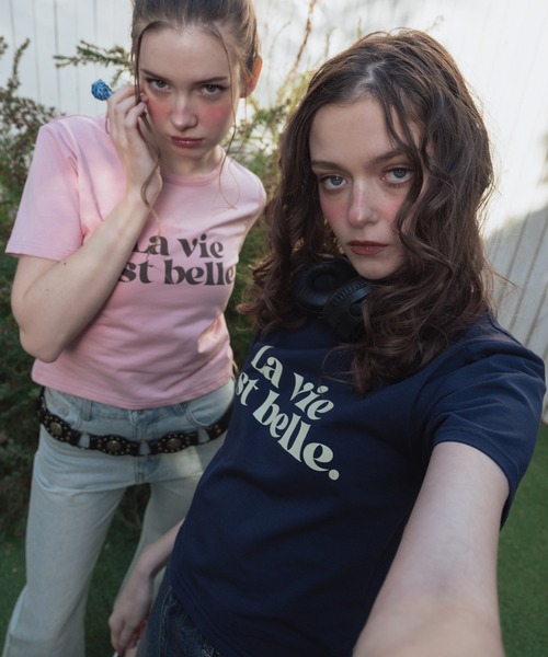 Mili affinity(ミリアフィニティー)の「コンパクトロゴプリントTシャツ(Tシャツ/カットソー・レディース・ピンク/ネイビー/ブラック/オフホワイト/杢グレー・FREE)」の4枚目の写真