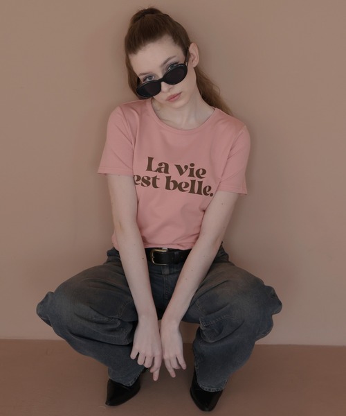 Mili affinity(ミリアフィニティー)の「コンパクトロゴプリントTシャツ(Tシャツ/カットソー・レディース・ピンク/ネイビー/ブラック/オフホワイト/杢グレー・FREE)」の5枚目の写真