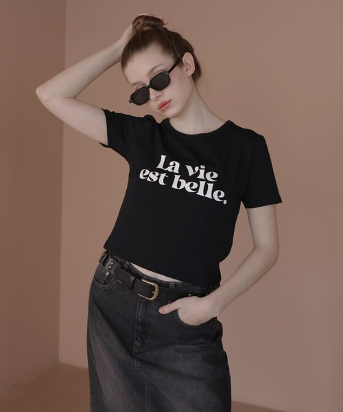 Mili affinity(ミリアフィニティー)の「コンパクトロゴプリントTシャツ(Tシャツ/カットソー・レディース・ピンク/ネイビー/ブラック/オフホワイト/杢グレー・FREE)」の11枚目の写真