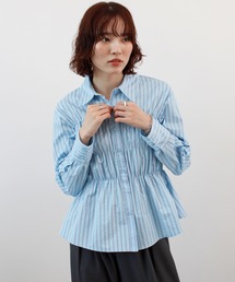 ABYS | 着るだけで細見え。ウエストシャーリングストライプ長袖シャツ / ペプラムブラウス(シャツ/ブラウス)