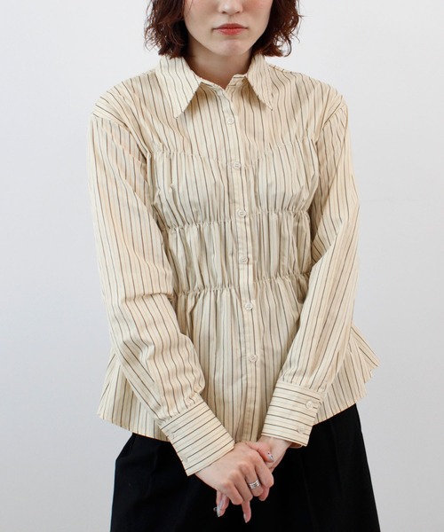 ABYS(アビス)の「着るだけで細見え。ウエストシャーリングストライプ長袖シャツ / ペプラムブラウス(シャツ/ブラウス・レディース・ベージュ/グリーン/ブルー・FREE)」の5枚目の写真