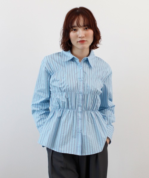 ABYS(アビス)の「着るだけで細見え。ウエストシャーリングストライプ長袖シャツ / ペプラムブラウス(シャツ/ブラウス・レディース・ベージュ/グリーン/ブルー・FREE)」の13枚目の写真