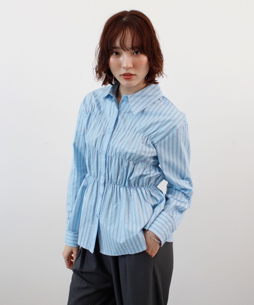 ABYS(アビス)の「着るだけで細見え。ウエストシャーリングストライプ長袖シャツ / ペプラムブラウス(シャツ/ブラウス・レディース・ベージュ/グリーン/ブルー・FREE)」の14枚目の写真