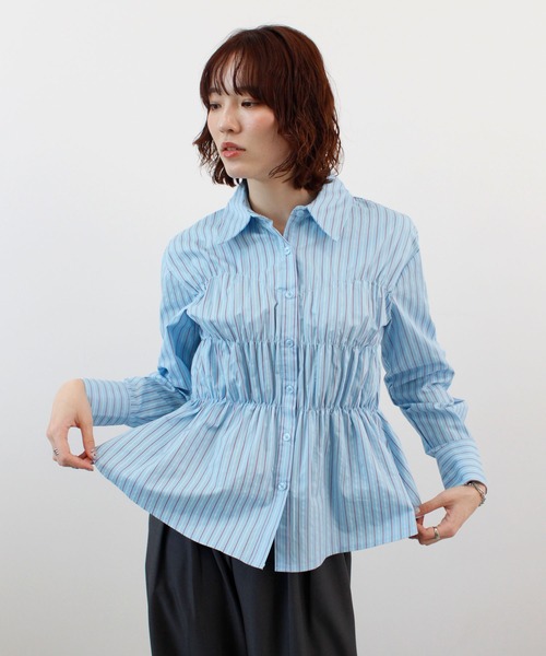 青空スカイブルー フリルとギャザーシャーリングシャツ FREE'S MART｜シャーリングアソートシャツ | Rakuten Fashion(楽天