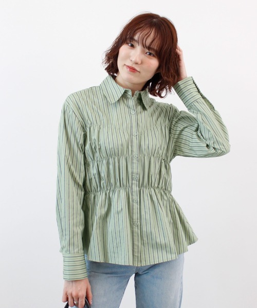 ABYS(アビス)の「着るだけで細見え。ウエストシャーリングストライプ長袖シャツ / ペプラムブラウス(シャツ/ブラウス・レディース・ベージュ/グリーン/ブルー・FREE)」の21枚目の写真