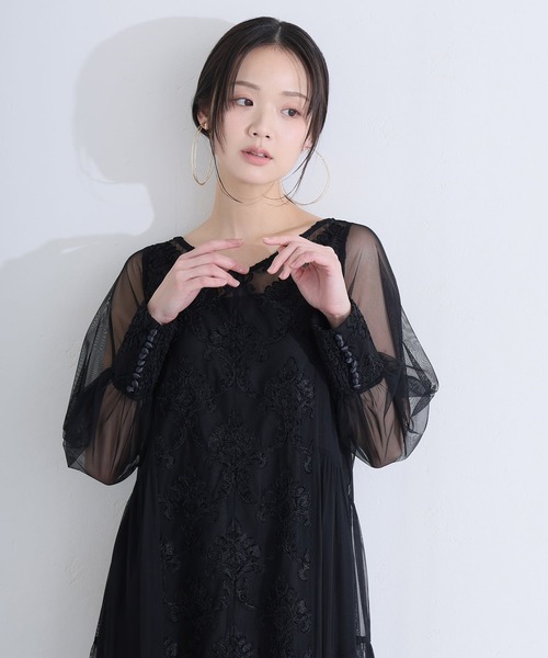 PourVous(プールヴー)の「モール レース ティアード Aライン チュール パーティー ドレス セレモニー ミモレ丈&袖あり 結婚式 二次会 フォーマル オケージョンドレス お呼ばれ 同窓会 成人式 (ドレス・レディース・ダークブラウン/ブラック/カーキ・M)」の5枚目の写真