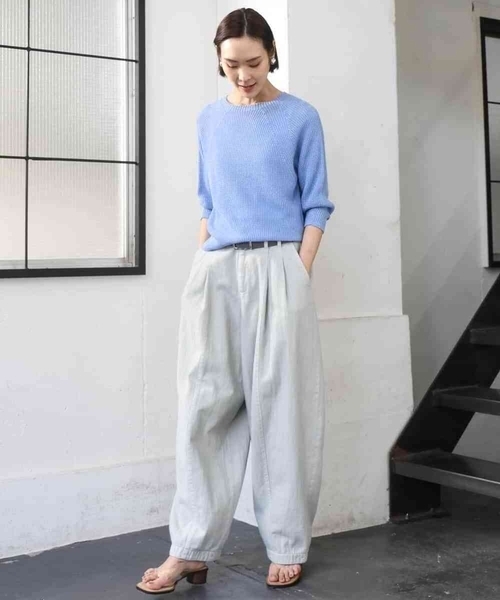 MICHEL KLEIN（ミッシェル・クラン）の「ホールガーメント(R)ラグランラメニット（ニット/セーター・レディース・ベージュ/ホワイト/ダークインディゴブルー・38/40）」の4枚目の写真