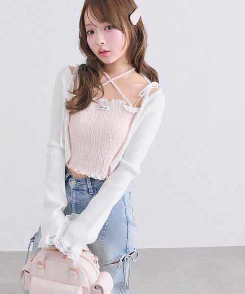 OLIVE des OLIVE（オリーブデオリーブ）の「綿レースシャーリングキャミ（Tシャツ/カットソー・レディース・ピンク/ブラック/オフホワイト・FREE）」の19枚目の写真