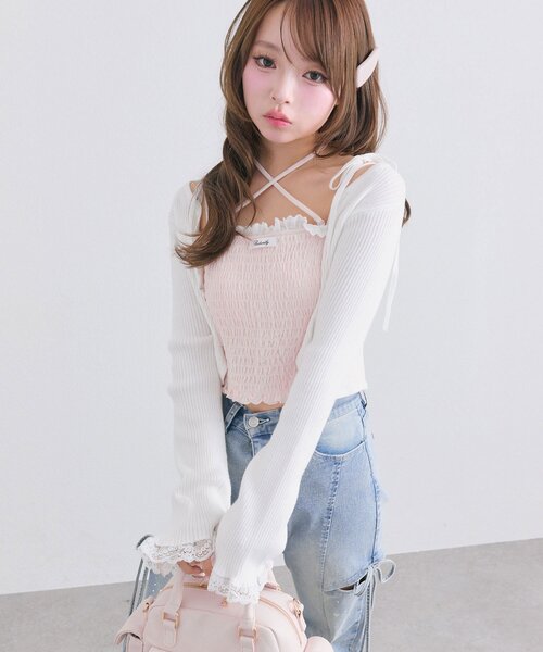 OLIVE des OLIVE（オリーブデオリーブ）の「綿レースシャーリングキャミ（Tシャツ/カットソー・レディース・ピンク/ブラック/オフホワイト・FREE）」の18枚目の写真