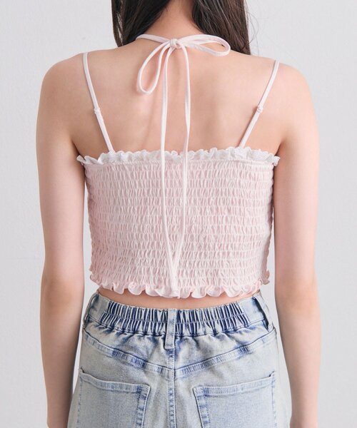 OLIVE des OLIVE（オリーブデオリーブ）の「綿レースシャーリングキャミ（Tシャツ/カットソー・レディース・ピンク/ブラック/オフホワイト・FREE）」の4枚目の写真