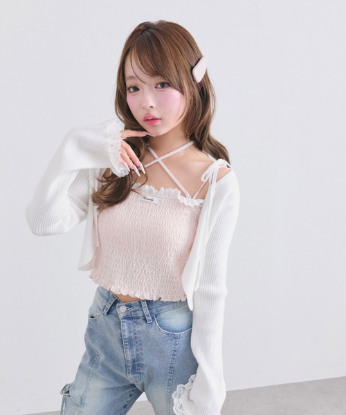 OLIVE des OLIVE（オリーブデオリーブ）の「綿レースシャーリングキャミ（Tシャツ/カットソー・レディース・ピンク/ブラック/オフホワイト・FREE）」の3枚目の写真