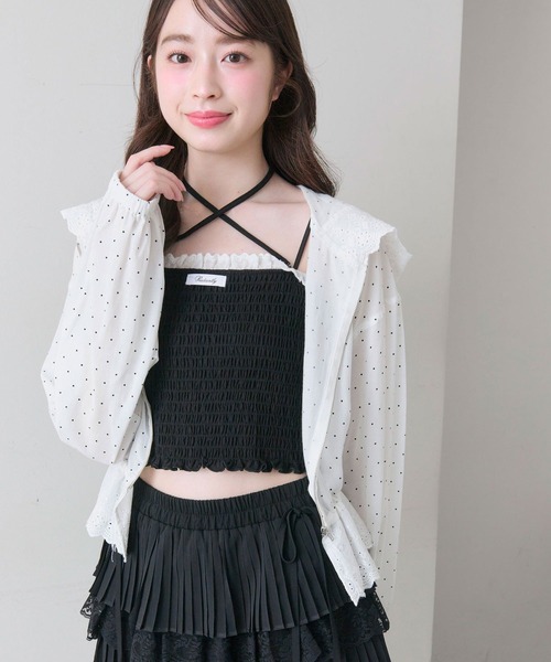 OLIVE des OLIVE（オリーブデオリーブ）の「綿レースシャーリングキャミ（Tシャツ/カットソー・レディース・ピンク/ブラック/オフホワイト・FREE）」の2枚目の写真