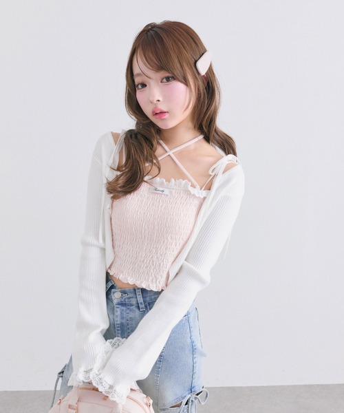 OLIVE des OLIVE（オリーブデオリーブ）の「綿レースシャーリングキャミ（Tシャツ/カットソー・レディース・ピンク/ブラック/オフホワイト・FREE）」の12枚目の写真