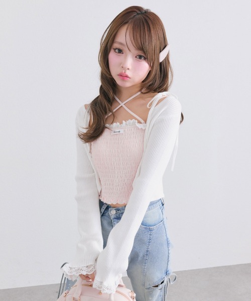 OLIVE des OLIVE（オリーブデオリーブ）の「綿レースシャーリングキャミ（Tシャツ/カットソー・レディース・ピンク/ブラック/オフホワイト・FREE）」の13枚目の写真