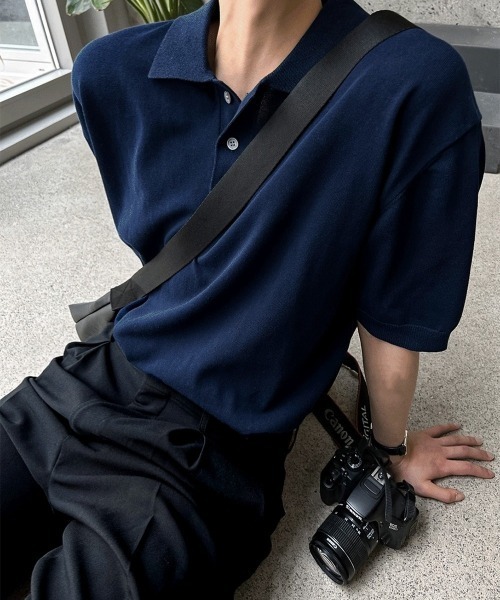 COSYHARU（コシハル）の「スリーボタンカラー半袖ニット（ニット/セーター・メンズ・ネイビー/マスタード/アイボリー/ブラック/ベージュ/グリーン/スカイブルー/ライトベージュ・LARGE/X-LARGE）」の7枚目の写真