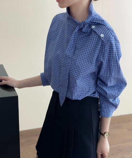 semplice(センプリチェ)の「スタンドカラー チェックシャツ(シャツ/ブラウス・レディース・ブルー・F)」の2枚目の写真
