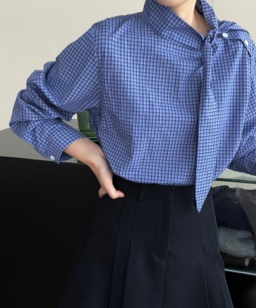 semplice(センプリチェ)の「スタンドカラー チェックシャツ(シャツ/ブラウス・レディース・ブルー・F)」の7枚目の写真