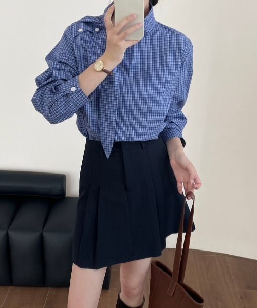 semplice(センプリチェ)の「スタンドカラー チェックシャツ(シャツ/ブラウス・レディース・ブルー・F)」の9枚目の写真