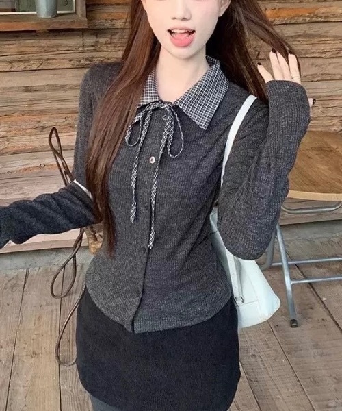 Alvia(アルビア)の「リボンドッキング裏起毛トップス(Tシャツ/カットソー・レディース・ライトグレー/ダークグレー・M)」の2枚目の写真