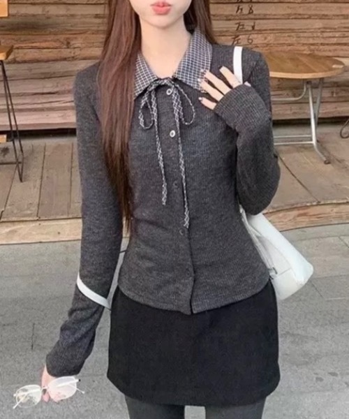 Alvia(アルビア)の「リボンドッキング裏起毛トップス(Tシャツ/カットソー・レディース・ライトグレー/ダークグレー・M)」の4枚目の写真