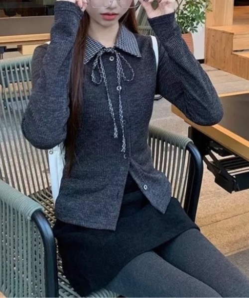 Alvia(アルビア)の「リボンドッキング裏起毛トップス(Tシャツ/カットソー・レディース・ライトグレー/ダークグレー・M)」の7枚目の写真