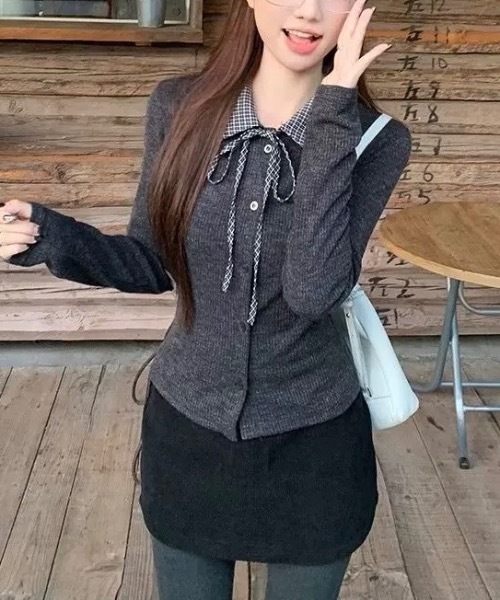 Alvia(アルビア)の「リボンドッキング裏起毛トップス(Tシャツ/カットソー・レディース・ライトグレー/ダークグレー・M)」の11枚目の写真
