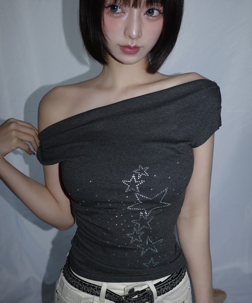 ADDITION STORE（アディションストア）の「＼ラインストーンがカワイイ／ラインストーン クロップド オフショルT / チビT / asrino（Tシャツ/カットソー・レディース・グレー・SMALL/LARGE/MEDIUM）」の15枚目の写真
