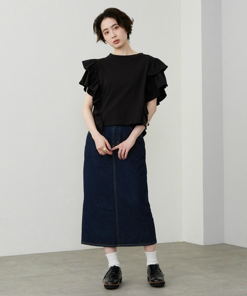 Lee(リー)の「Lee/リー ラッフルスリーブTシャツ【体型カバー】(Tシャツ/カットソー・レディース・ホワイト/ブラック/グリーン・SMALL/MEDIUM)」の22枚目の写真