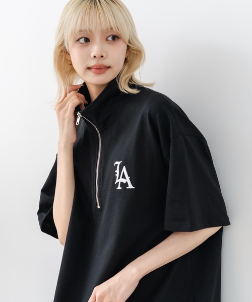 SAVIER（サビアー）の「【SAVIER/サビアー】×【ZERO STAIN/ゼロステイン】【LAロゴ立体刺繍】コラボ ハーフジップ Tシャツ オーバーサイズ 汗染み防止 ストリート・スケーター（Tシャツ/カットソー・メンズ・オフホワイト/ブラック・LARGE/MEDIUM）」の12枚目の写真