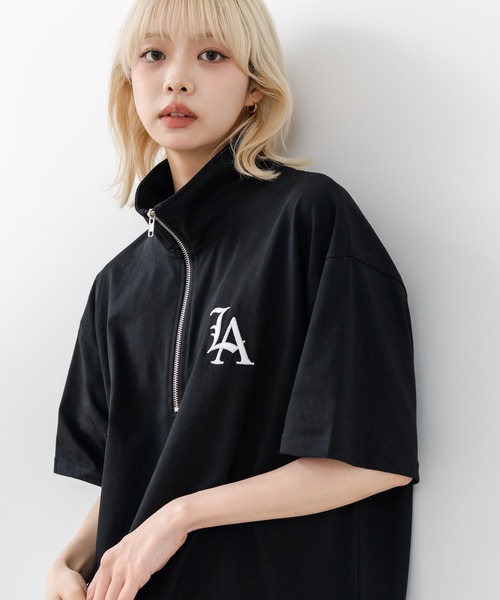 SAVIER（サビアー）の「【SAVIER/サビアー】×【ZERO STAIN/ゼロステイン】【LAロゴ立体刺繍】コラボ ハーフジップ Tシャツ オーバーサイズ 汗染み防止 ストリート・スケーター（Tシャツ/カットソー・メンズ・オフホワイト/ブラック・LARGE/MEDIUM）」の13枚目の写真