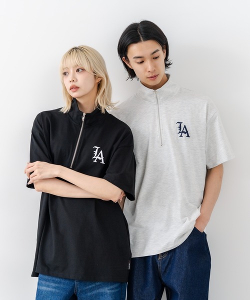 SAVIER（サビアー）の「【SAVIER/サビアー】×【ZERO STAIN/ゼロステイン】【LAロゴ立体刺繍】コラボ ハーフジップ Tシャツ オーバーサイズ 汗染み防止 ストリート・スケーター（Tシャツ/カットソー・メンズ・オフホワイト/ブラック・LARGE/MEDIUM）」の11枚目の写真
