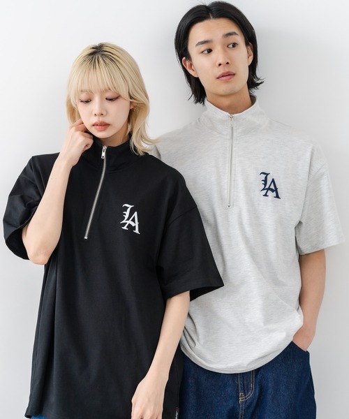 SAVIER（サビアー）の「【SAVIER/サビアー】×【ZERO STAIN/ゼロステイン】【LAロゴ立体刺繍】コラボ ハーフジップ Tシャツ オーバーサイズ 汗染み防止 ストリート・スケーター（Tシャツ/カットソー・メンズ・オフホワイト/ブラック・LARGE/MEDIUM）」の10枚目の写真