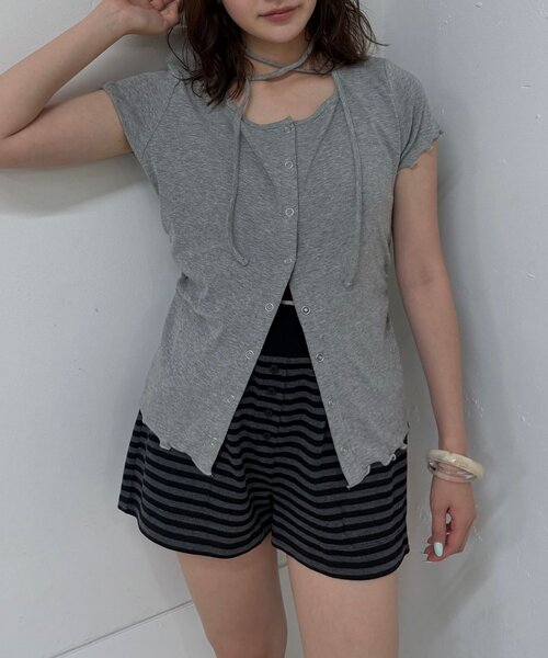 mline（エムライン）の「【待望の半袖ver】[mline]半袖チョーカー ボタントップス（Tシャツ/カットソー・レディース・ネイビー/ピンク/グレー/アイボリー・FREE）」の20枚目の写真
