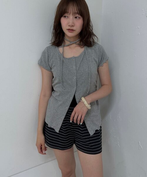 mline（エムライン）の「【待望の半袖ver】[mline]半袖チョーカー ボタントップス（Tシャツ/カットソー・レディース・ネイビー/ピンク/グレー/アイボリー・FREE）」の21枚目の写真