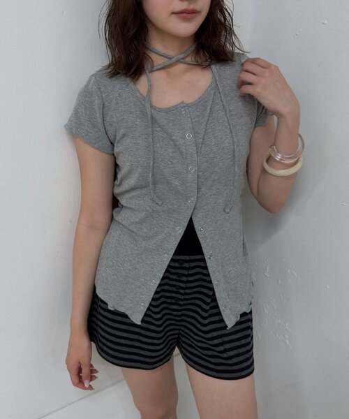 mline（エムライン）の「【待望の半袖ver】[mline]半袖チョーカー ボタントップス（Tシャツ/カットソー・レディース・ネイビー/ピンク/グレー/アイボリー・FREE）」の22枚目の写真