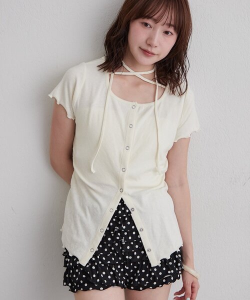 mline（エムライン）の「【待望の半袖ver】[mline]半袖チョーカー ボタントップス（Tシャツ/カットソー・レディース・ネイビー/ピンク/グレー/アイボリー・FREE）」の5枚目の写真