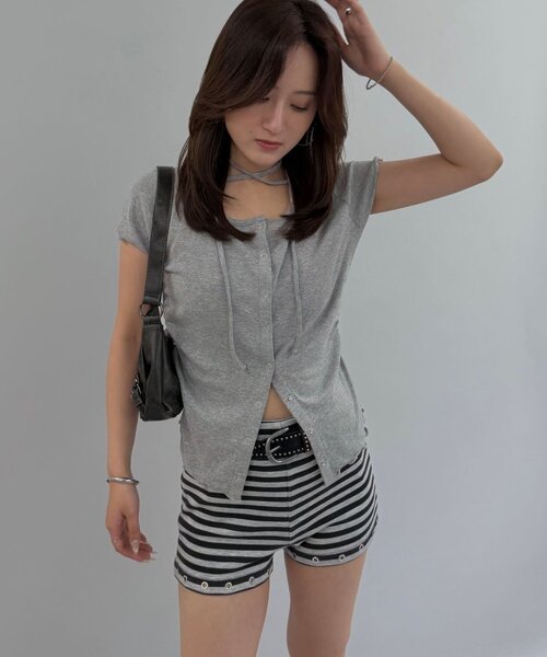 mline（エムライン）の「【待望の半袖ver】[mline]半袖チョーカー ボタントップス（Tシャツ/カットソー・レディース・ネイビー/ピンク/グレー/アイボリー・FREE）」の7枚目の写真