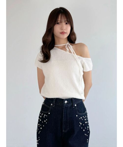 MERCURYDUO(マーキュリーデュオ)の「ワンショルダーチョーカーニット(ニット/セーター・レディース・ブラック/オフホワイト/ミント・FREE)」の8枚目の写真
