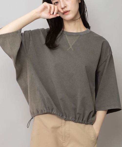Munich(ミューニック)の「コットンジャージ ギャザープルオーバー(Tシャツ/カットソー・レディース・カーキ/ベージュ/ブラック・FREE)」の3枚目の写真