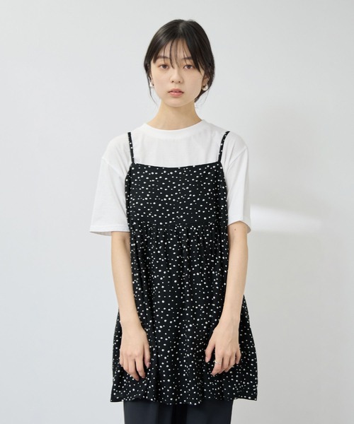 Mac-House(マックハウス)の「Free Nature ギャザーキャミチュニック×Tシャツ アンサンブル(アンサンブル・レディース・ブラック/ブラック系その他/ブラック系その他2/オレンジ・M/L)」の1枚目の写真