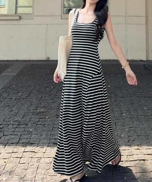 LUCPY(ラクピー)の「ボーダーノースリーブフレアワンピース(ワンピース・レディース・ブラック・LARGE/MEDIUM/SMALL)」の1枚目の写真